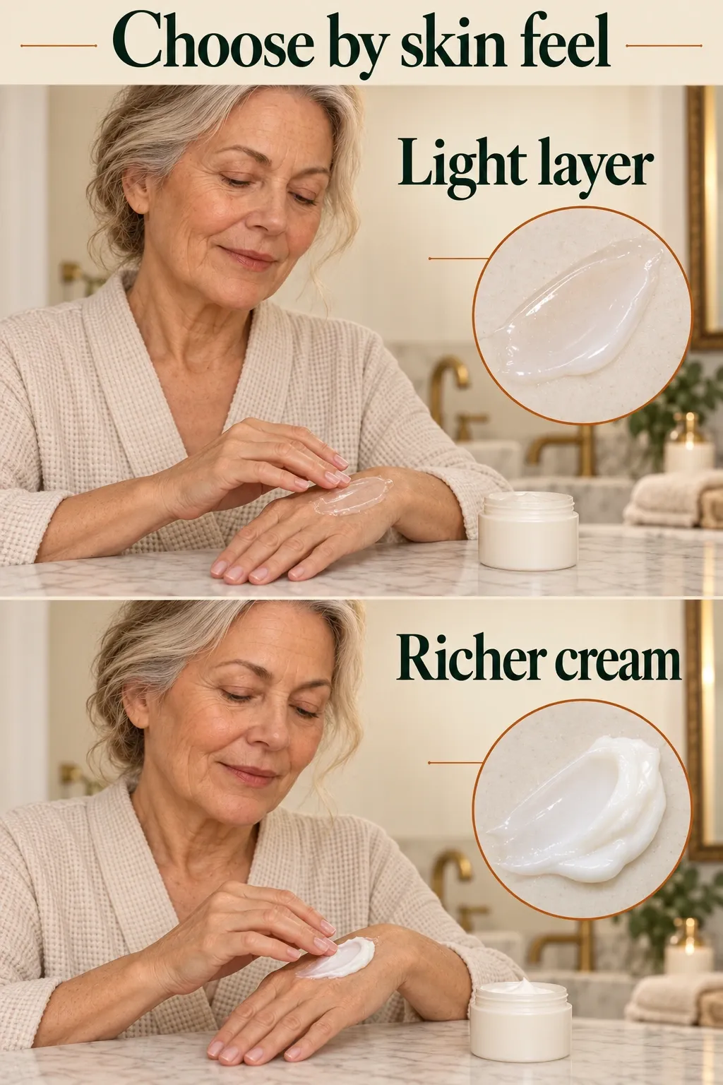The same older woman compares a light lotion layer with a richer cream on her hands, with unchanged natural skin.
