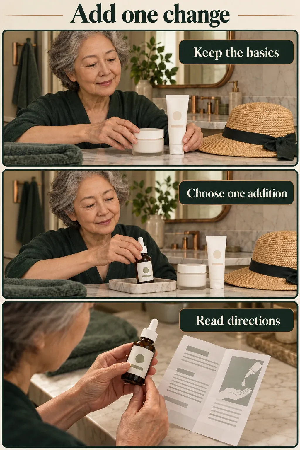 An older woman keeps moisturizer and daytime sunscreen, selects one optional serum and checks its directions.