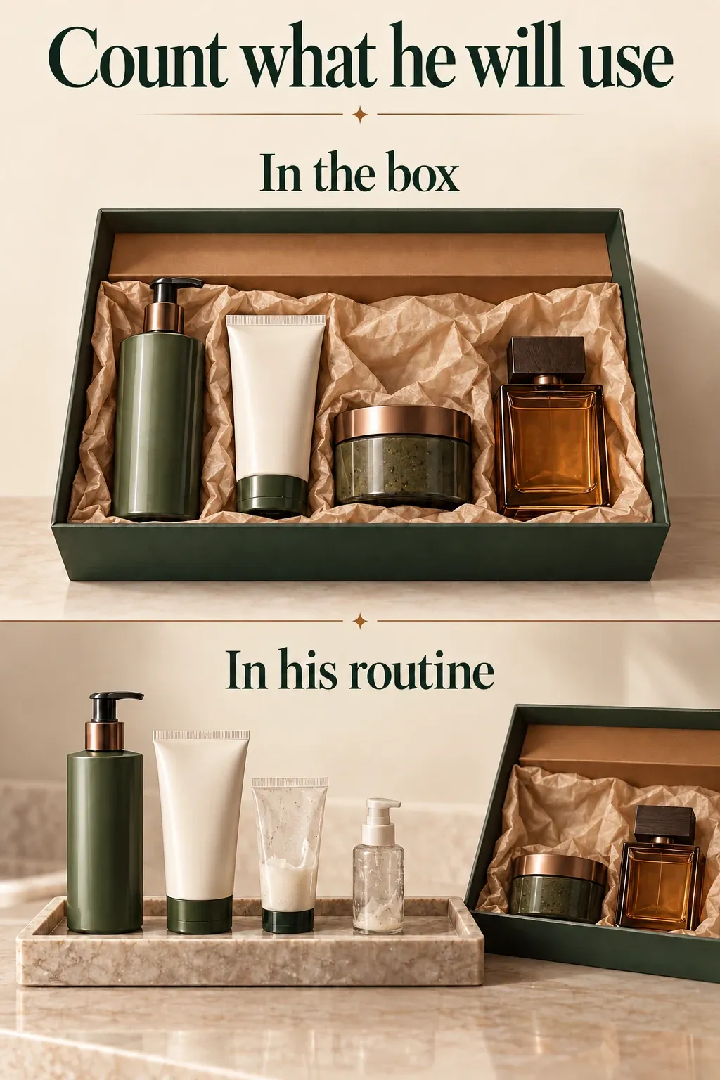 Four fictional gift-box products are sorted into useful cleanser and moisturizer replacements, with unwanted extras kept apart.