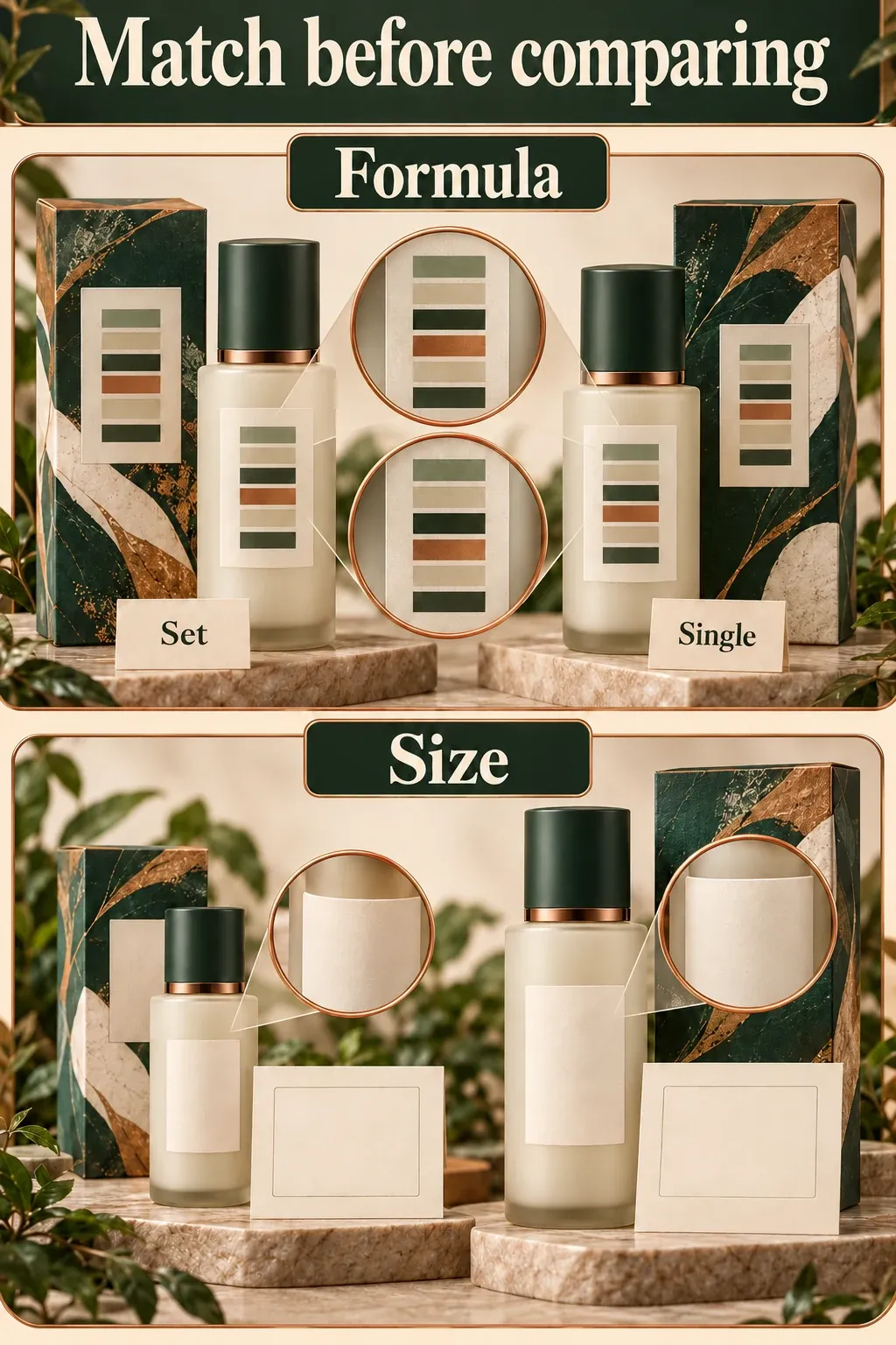 Fictional set and single products have aligned formula panels and blank amount-label records for identity and size checks.