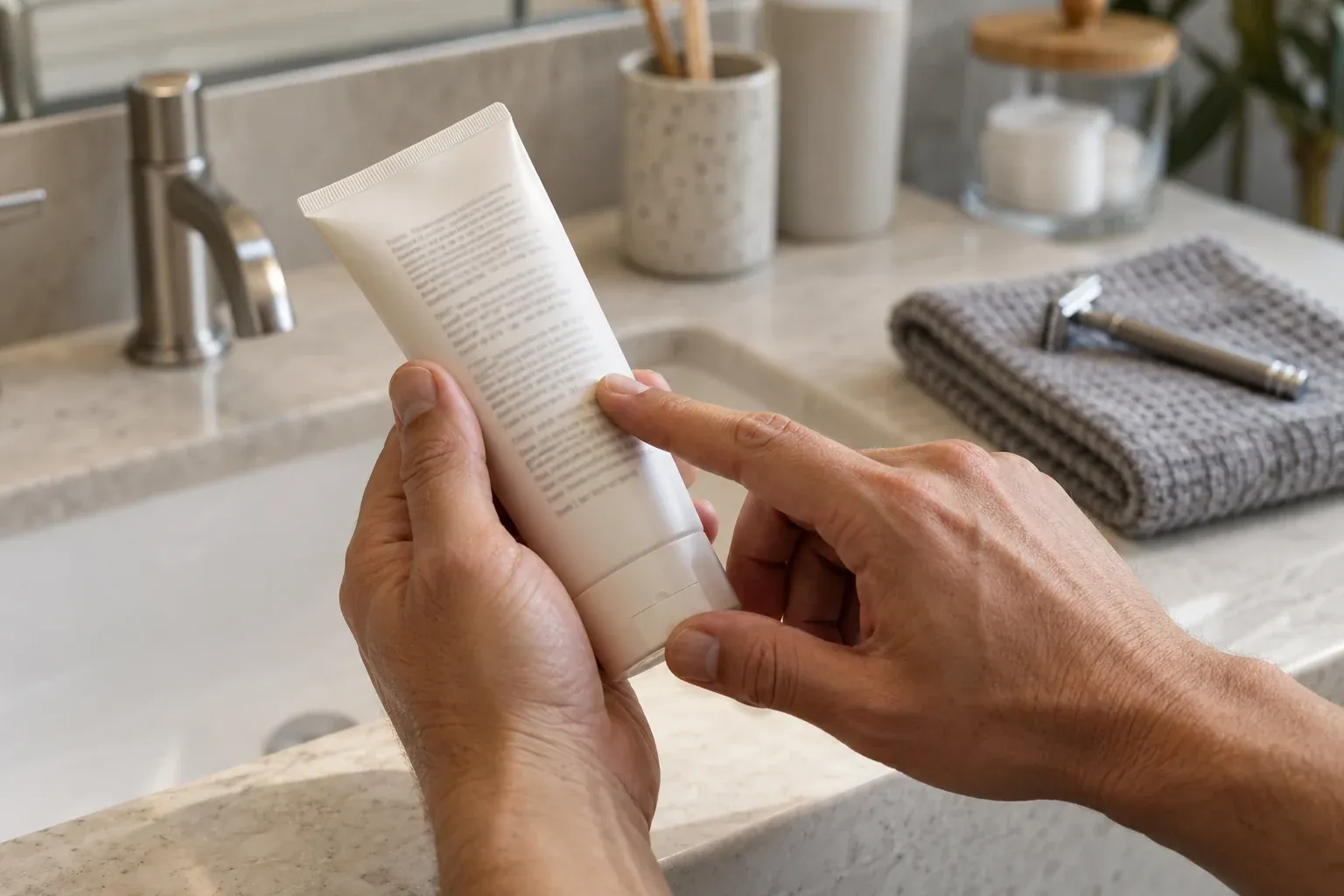 Hands checking the back label of a generic skincare tube, with a washcloth and razor nearby