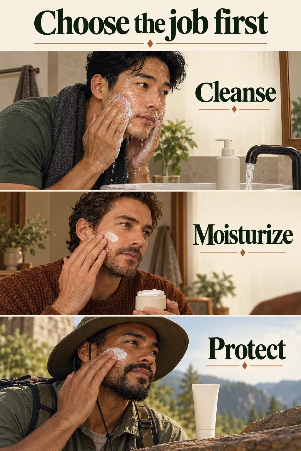 Three illustrated men show gentle cleansing, moisturizing and sunscreen application with a shade hat.