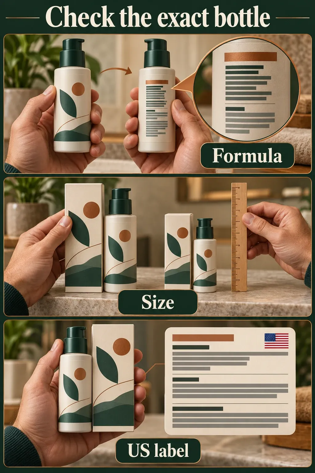 Hands turn a fictional bottle to inspect its formula panel, compare pack sizes and check a US market label record.