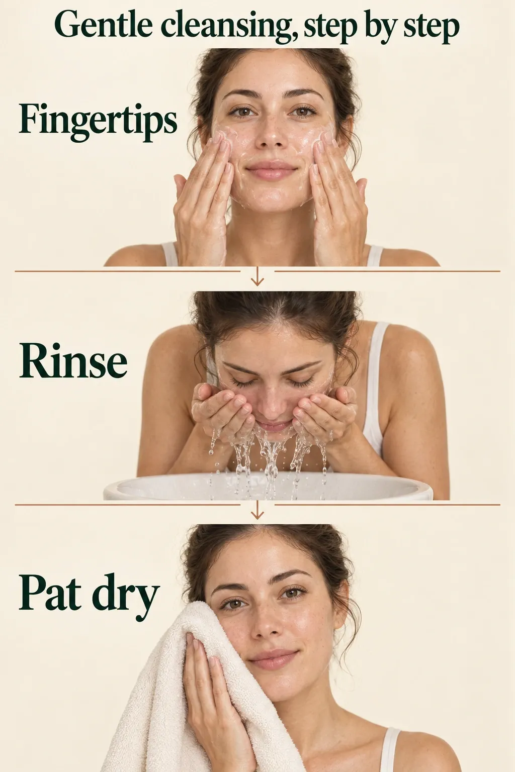 Three illustrated face-washing gestures show fingertip cleansing, rinsing and patting dry with a soft towel.