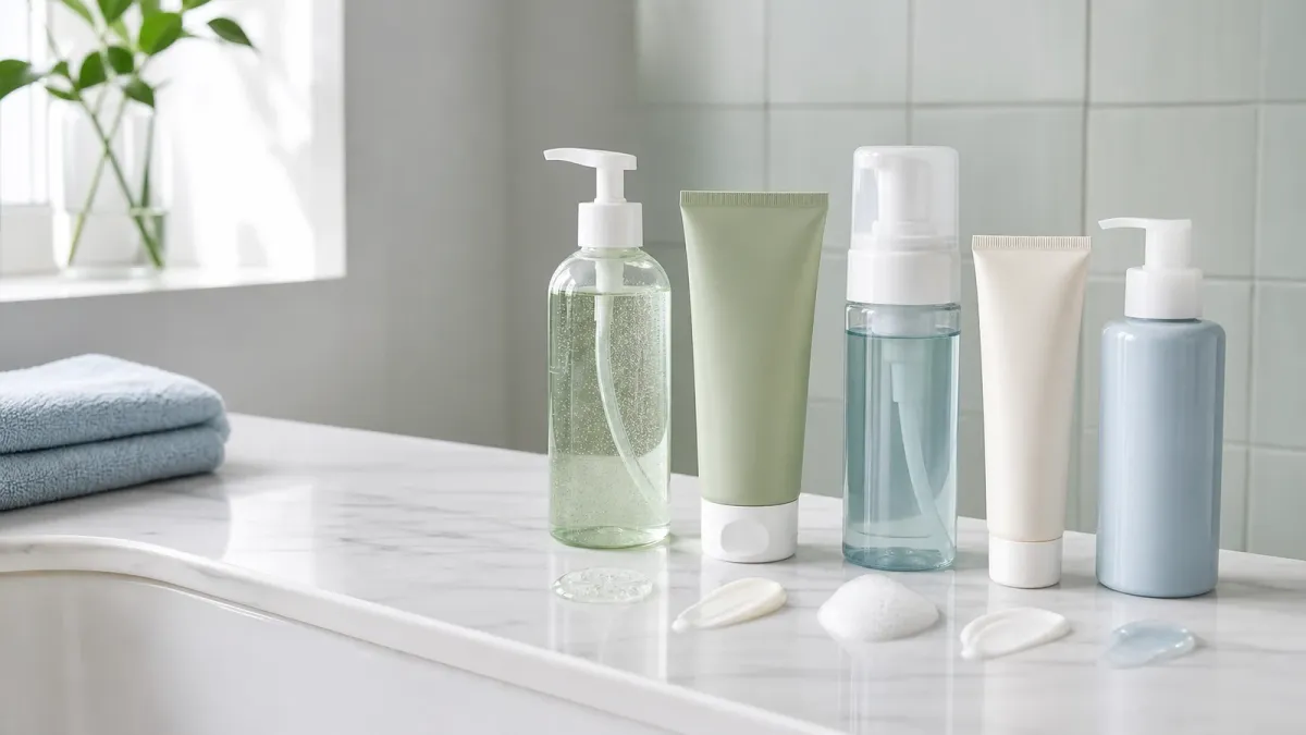 Five gentle gel, cream and foaming cleansers arranged for acne-prone skin