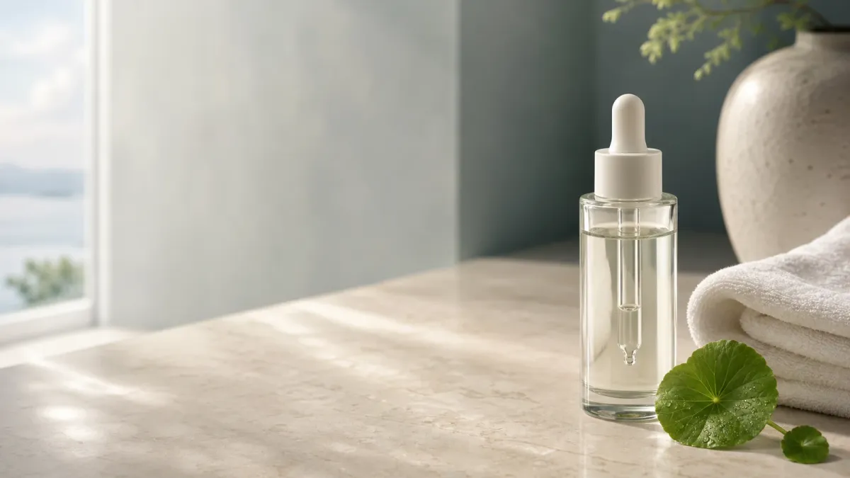 Clear glass skincare ampoule bottle with dropper on a softly lit neutral vanity