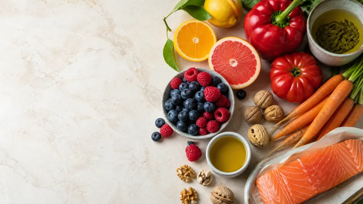 Antioxidant-rich berries, citrus, vegetables, green tea, nuts, olive oil and salmon arranged on pale stone