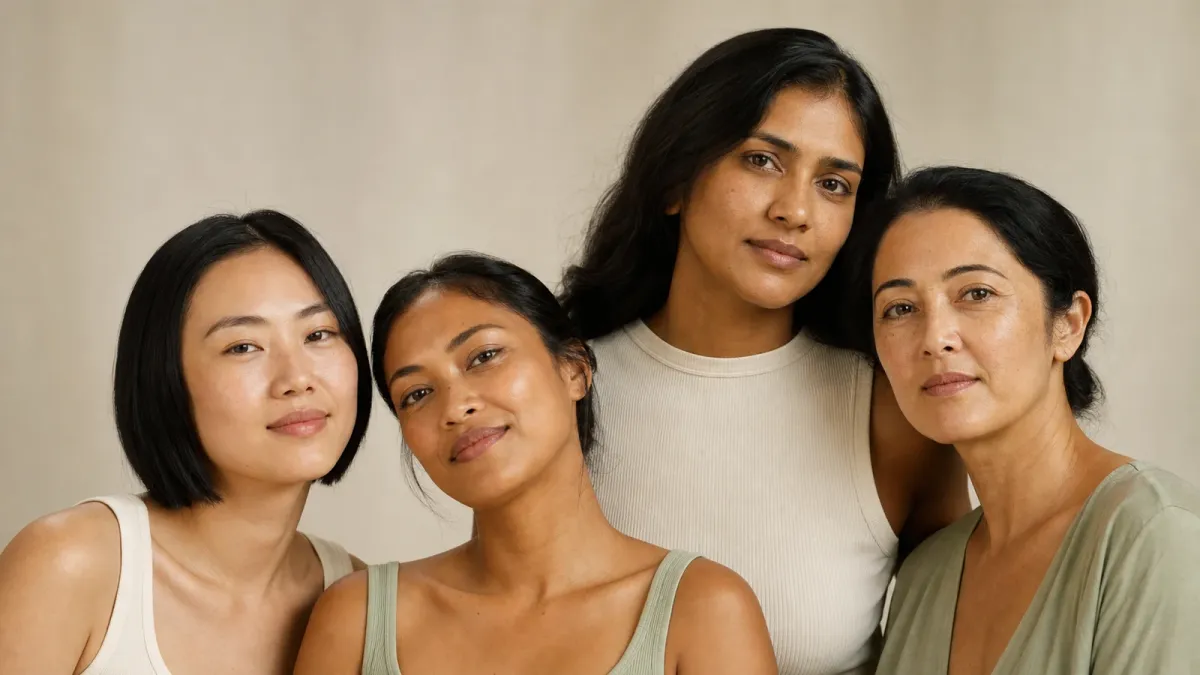 Four adults of varied Asian heritages and natural skin tones in a softly lit editorial portrait