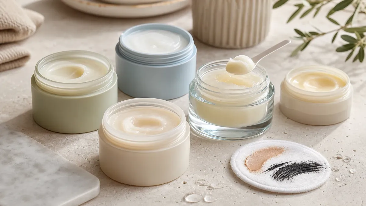 Five unbranded cleansing balm jars with a spatula and makeup-stained reusable pad