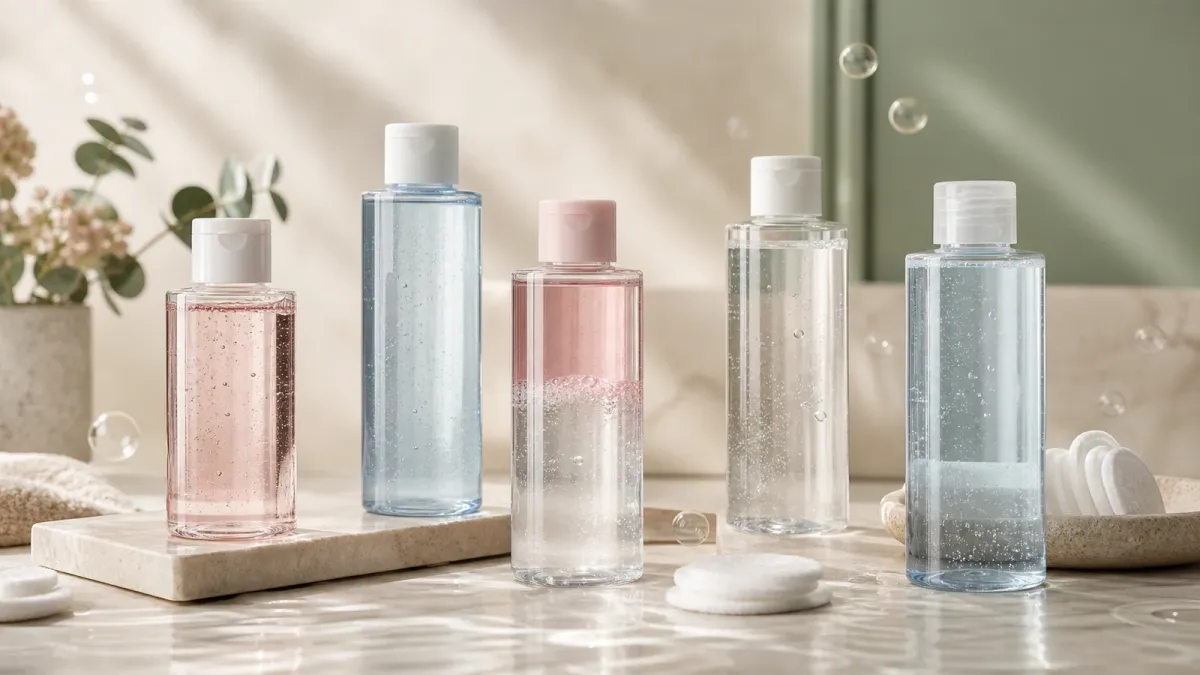 Five unbranded micellar water bottles with cotton pads and water bubbles