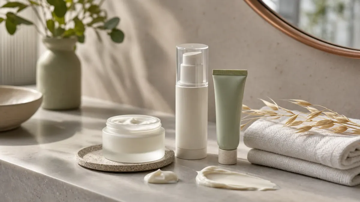 Fragrance-free moisturizer textures and unbranded skincare containers for sensitive skin