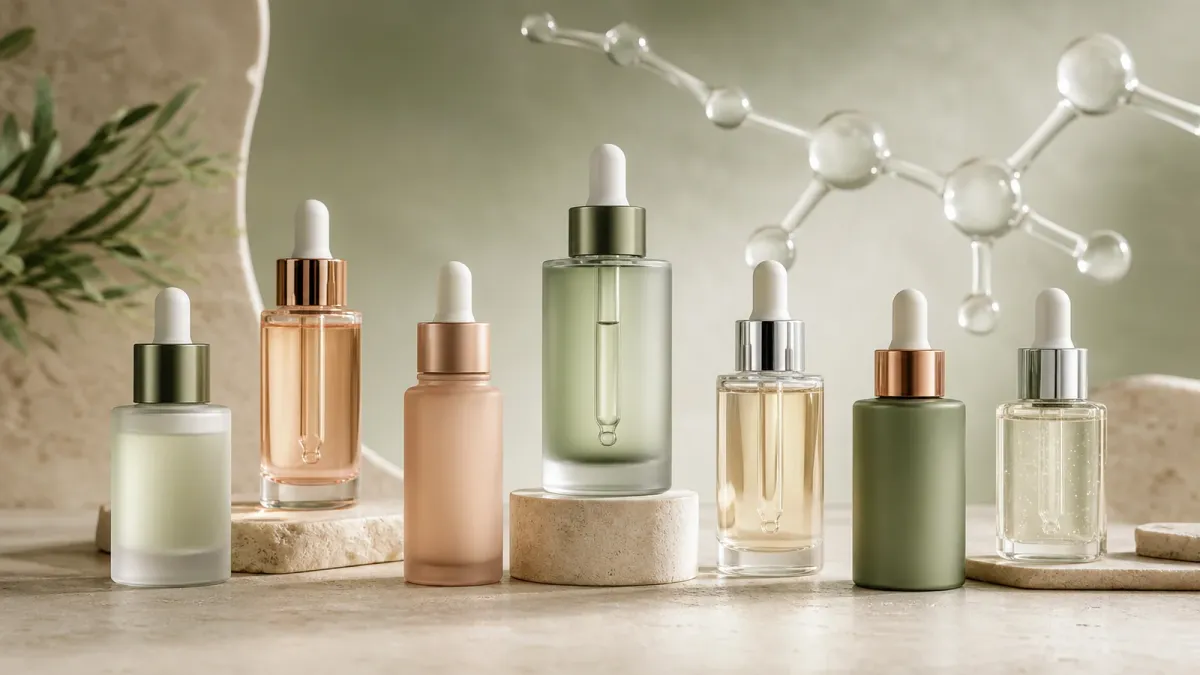 Seven unbranded peptide serum bottles arranged in a sage and cream editorial skincare still life