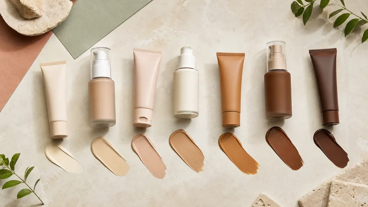 Seven tinted sunscreen bottles with an inclusive range of skin-tone swatches