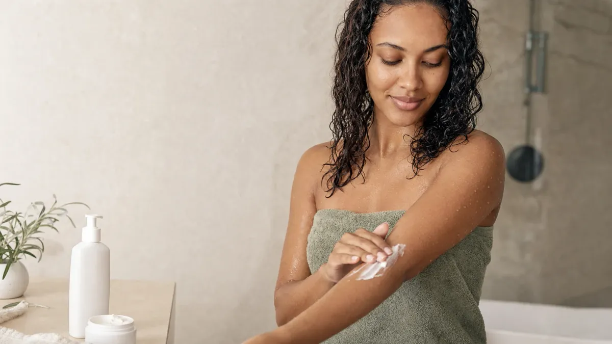 Woman applying body moisturizer to damp skin after showering