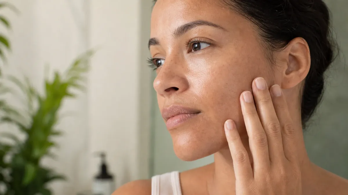 Woman examining natural facial skin texture and visible pores in soft daylight