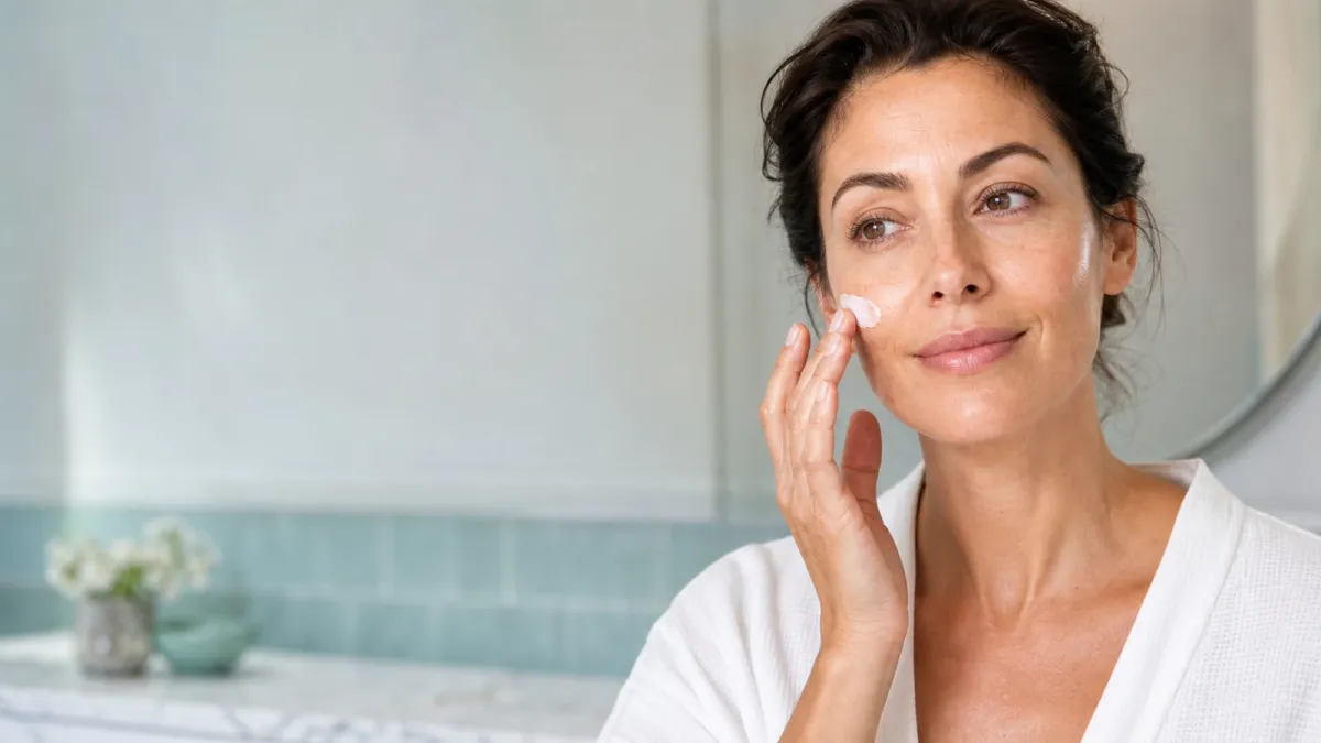 Woman applying a rich face cream to naturally textured skin in soft daylight