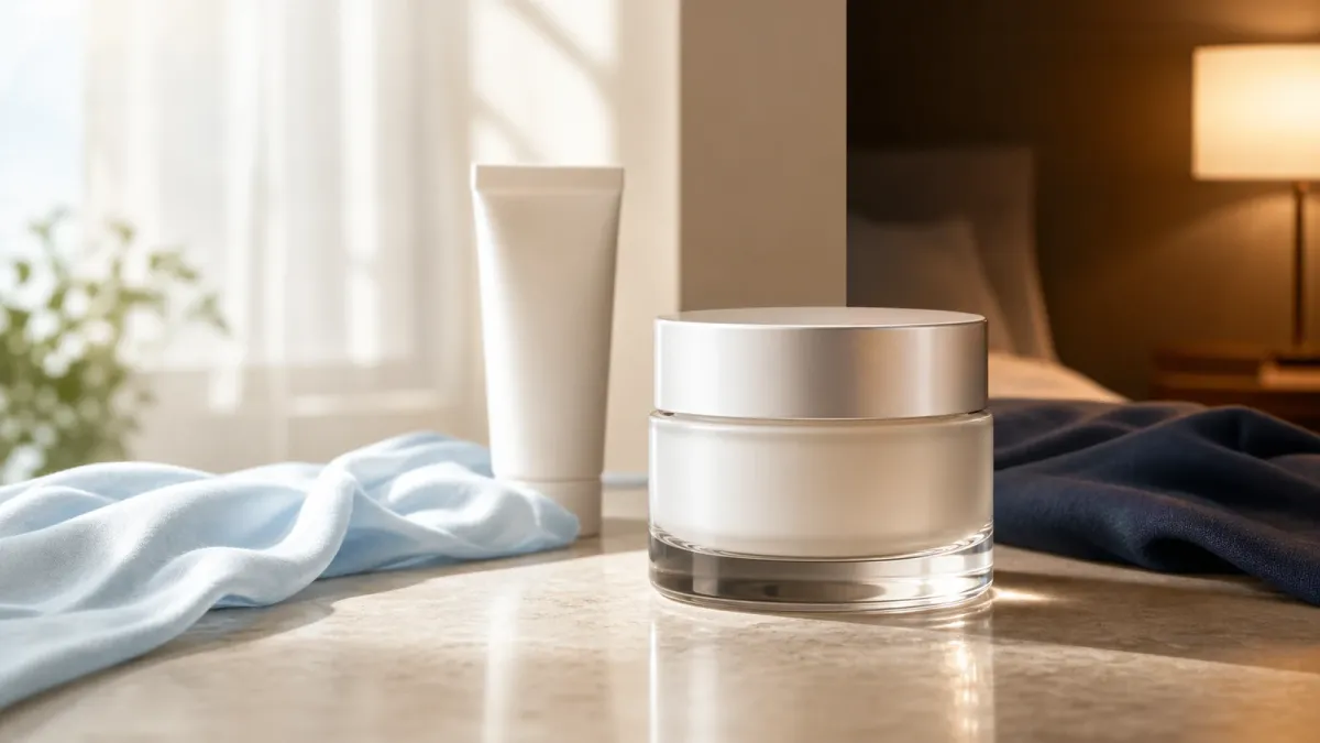 One moisturizer shown between bright daytime and warm nighttime settings