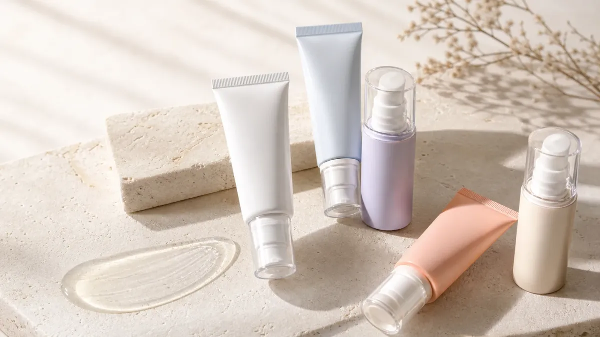 Five pastel Korean-style sunscreen tubes and pumps on sunlit stone