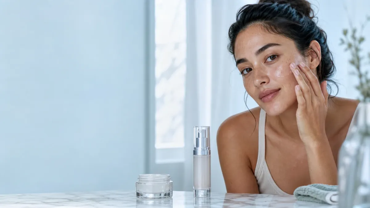 Woman applying a translucent gel moisturizer at a bright skincare vanity