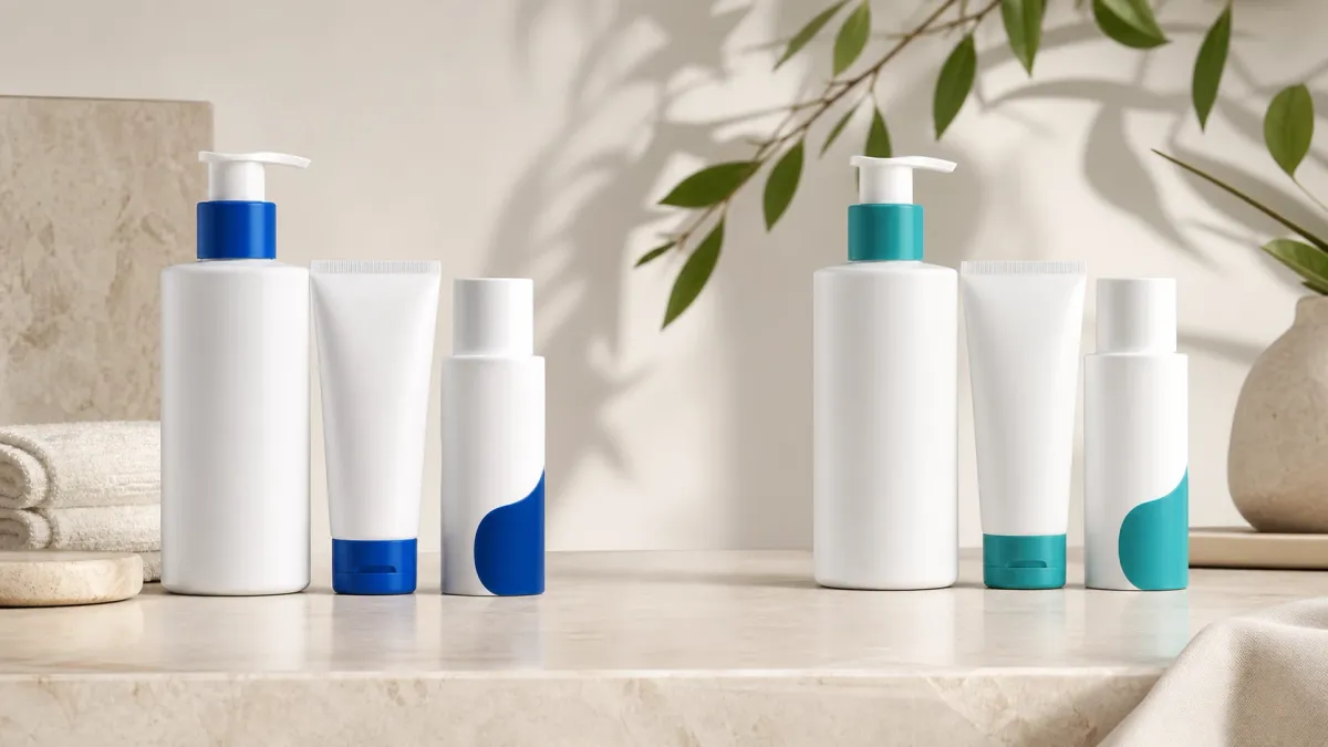 Two balanced groups of unbranded pharmacy-style cleanser, moisturizer, and sunscreen bottles with blue and teal accents