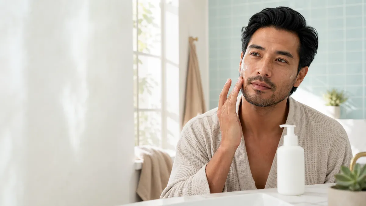 Man applying facial moisturizer after shaving in a bright bathroom