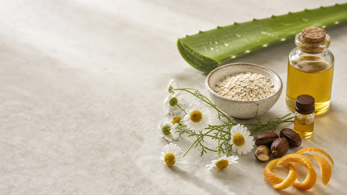 Aloe, oatmeal, chamomile, jojoba oil and citrus peel arranged for natural skincare safety