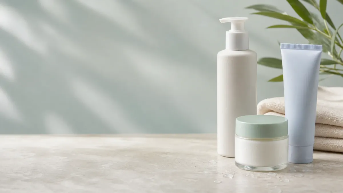 Minimal skin barrier recovery routine with gentle cleanser, moisturizer and sunscreen on pale stone