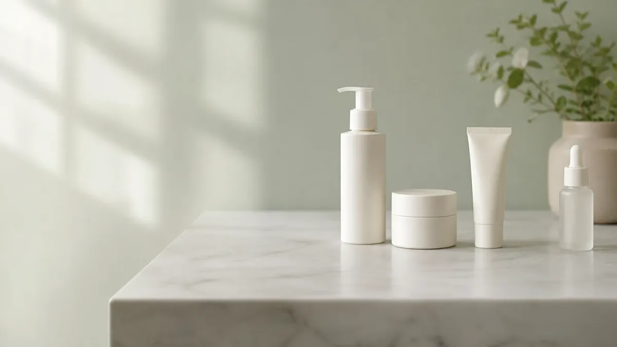 Gentle cleanser, moisturizer, sunscreen and one serum arranged as a gradual skincare routine