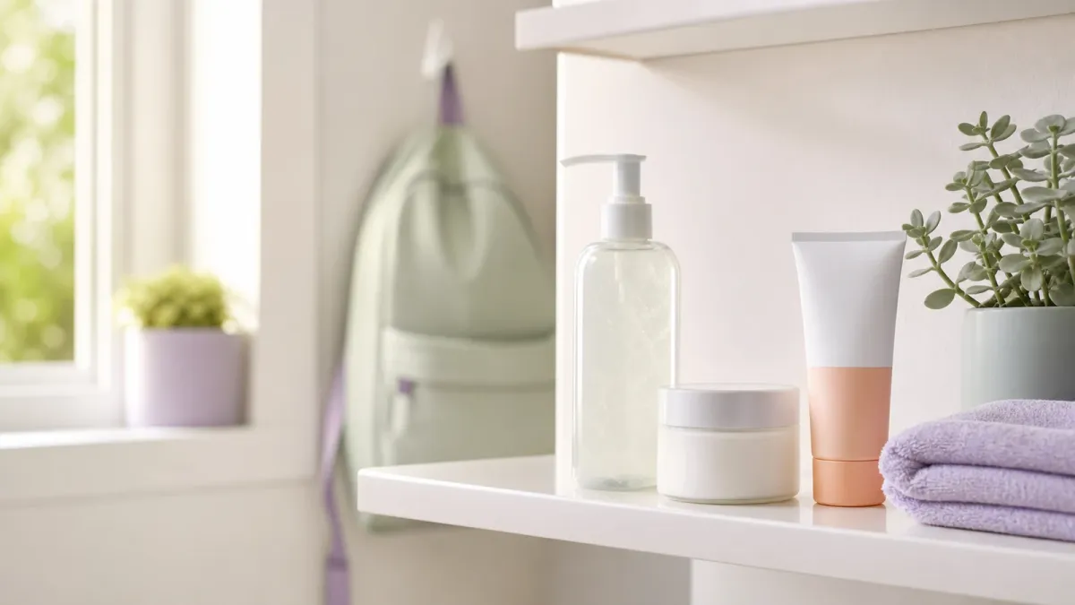 Gentle cleanser, moisturizer and sunscreen arranged for a teenage sensitive-skin routine