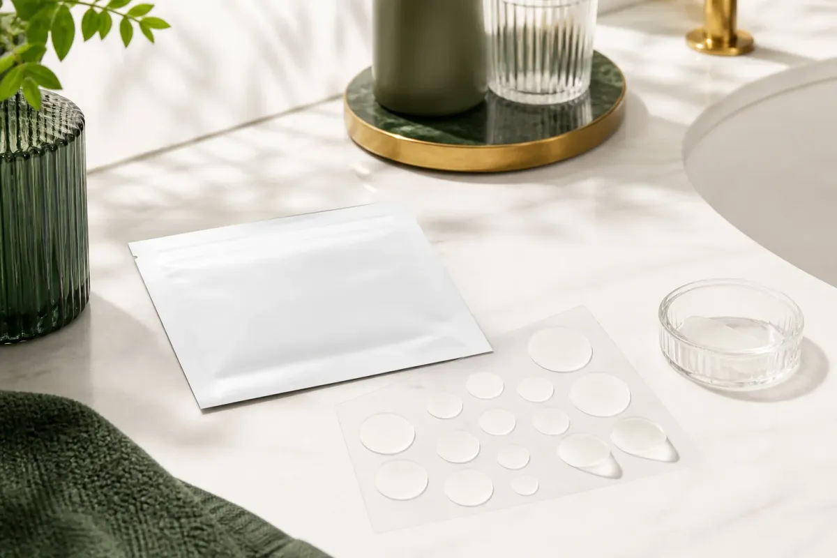 Clear unbranded hydrocolloid acne patches in several sizes on a bright bathroom vanity