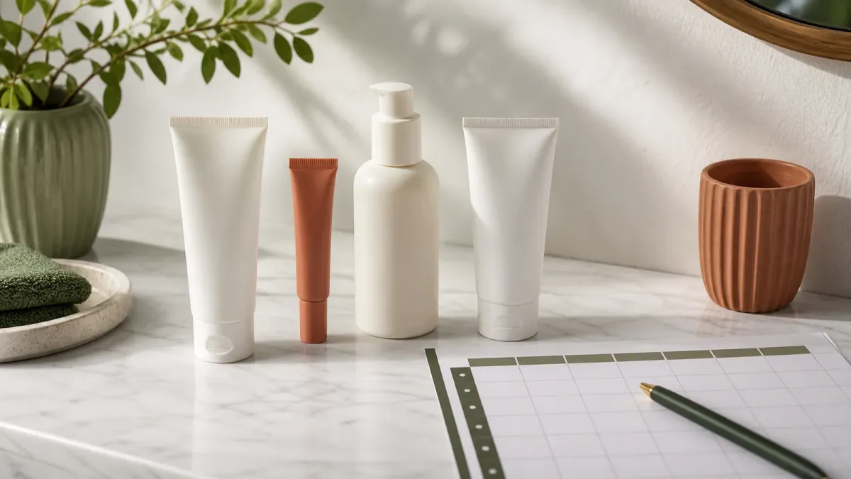 Simple acne prevention routine with gentle cleanser, treatment, moisturizer and sunscreen