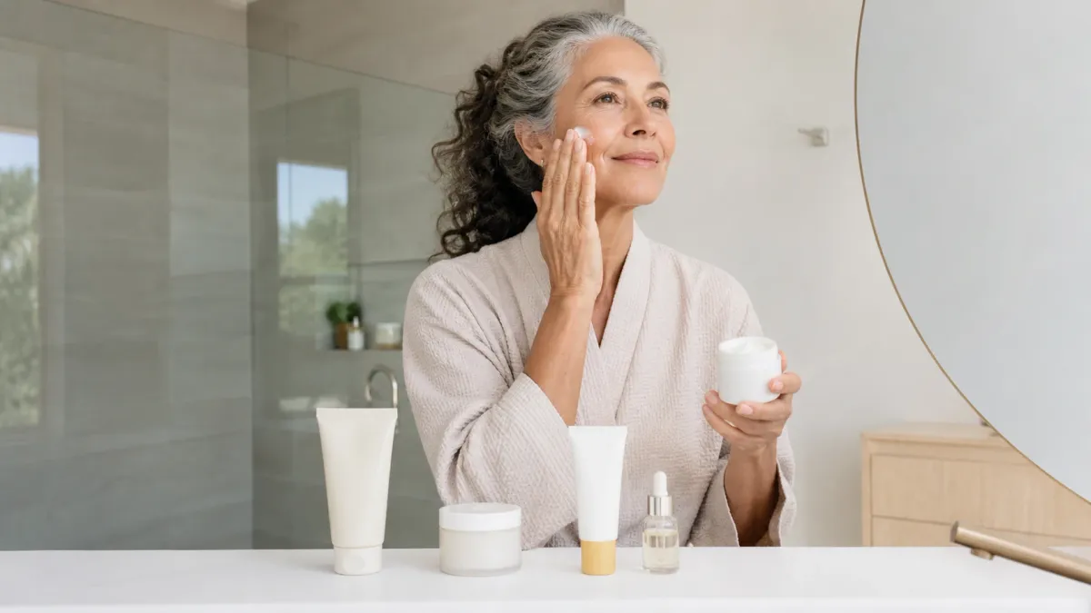 Woman with natural mature skin applying moisturizer beside a simple aging-skin routine