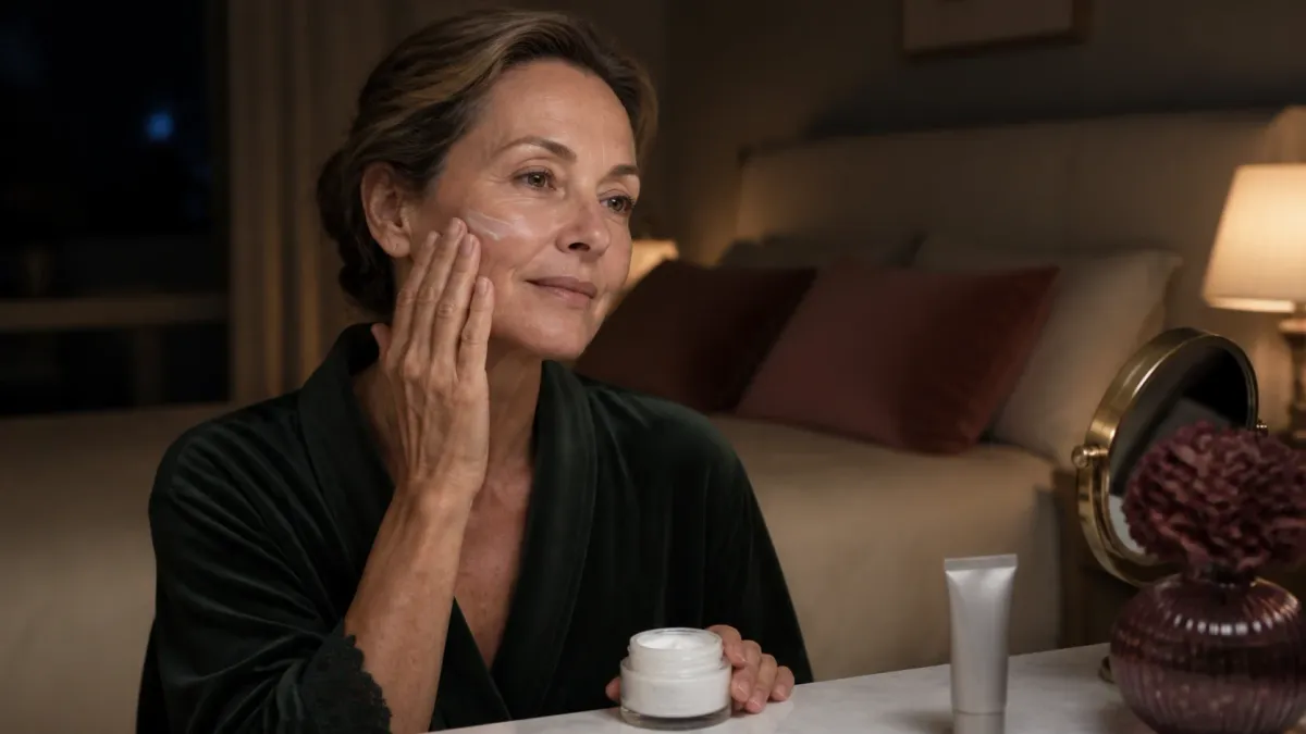 Mature woman with natural skin applying face cream at night