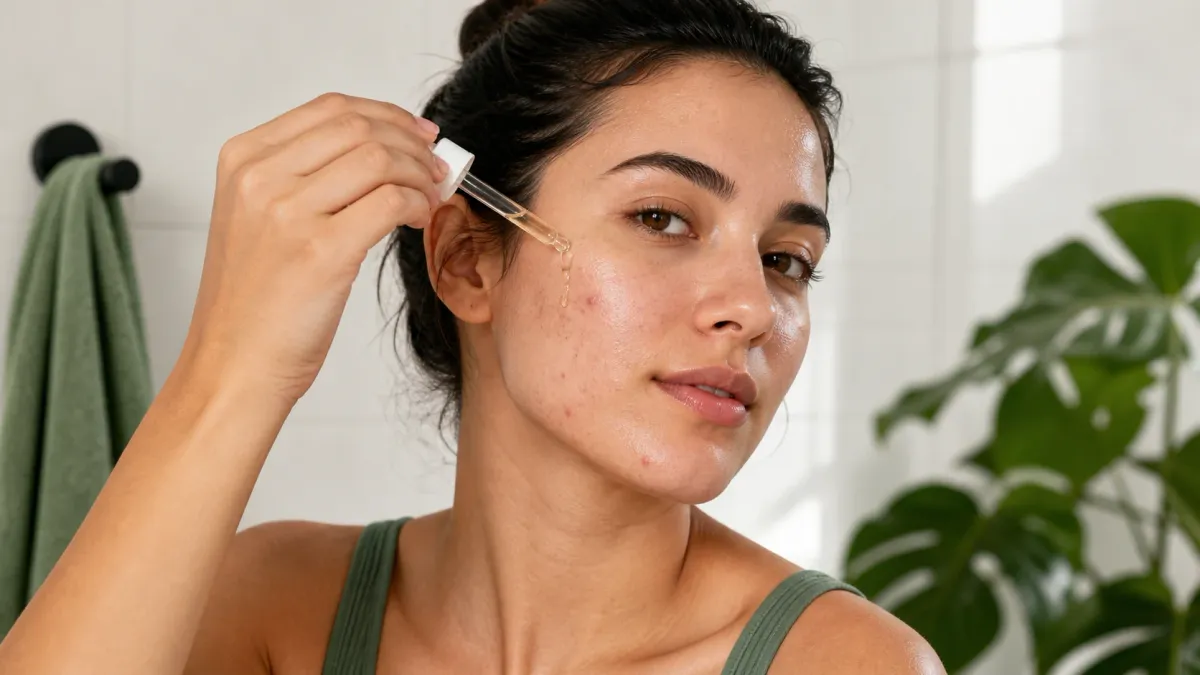 Woman with acne-prone skin applying an unbranded facial serum