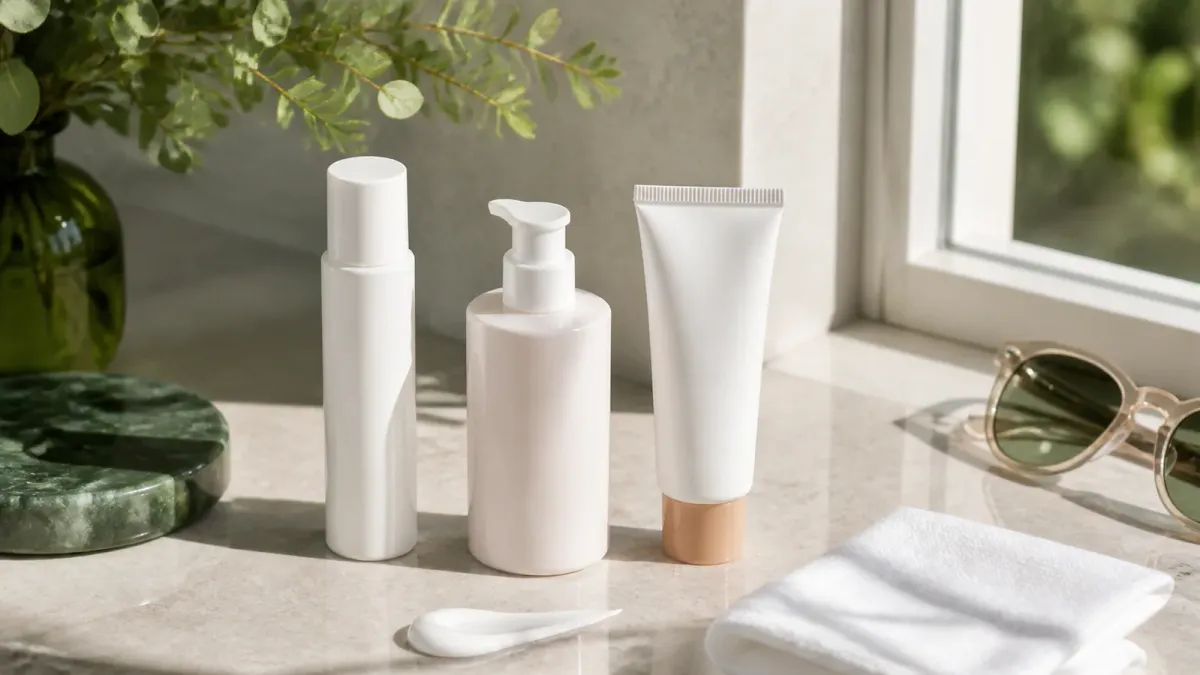 Unbranded daily facial sunscreen bottles and tube in bright morning light