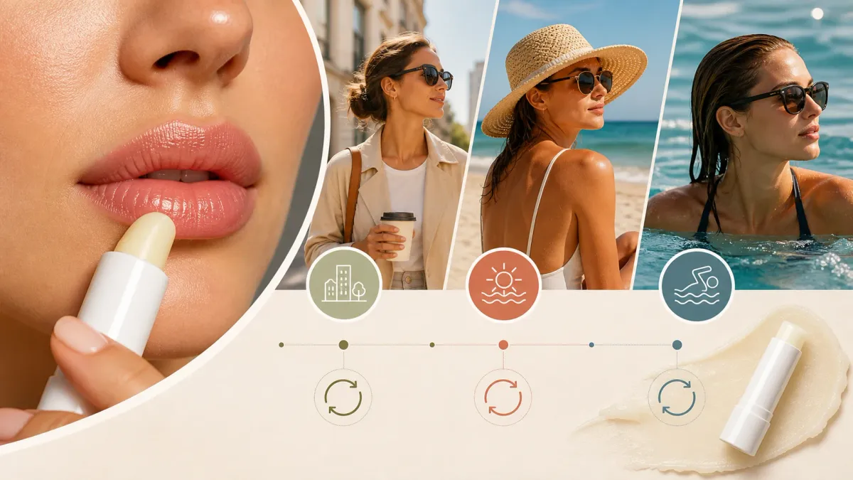SPF lip balm guide for city beach swimming and repeated reapplication