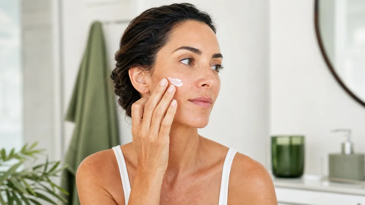 Woman with natural dry skin applying unbranded moisturizer