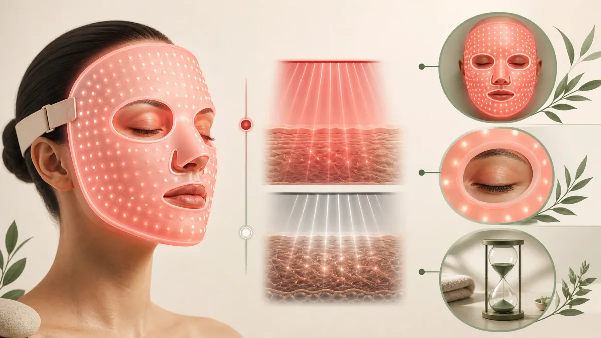 Decision guide showing LED mask coverage, eye comfort, red and near-infrared light and session adherence