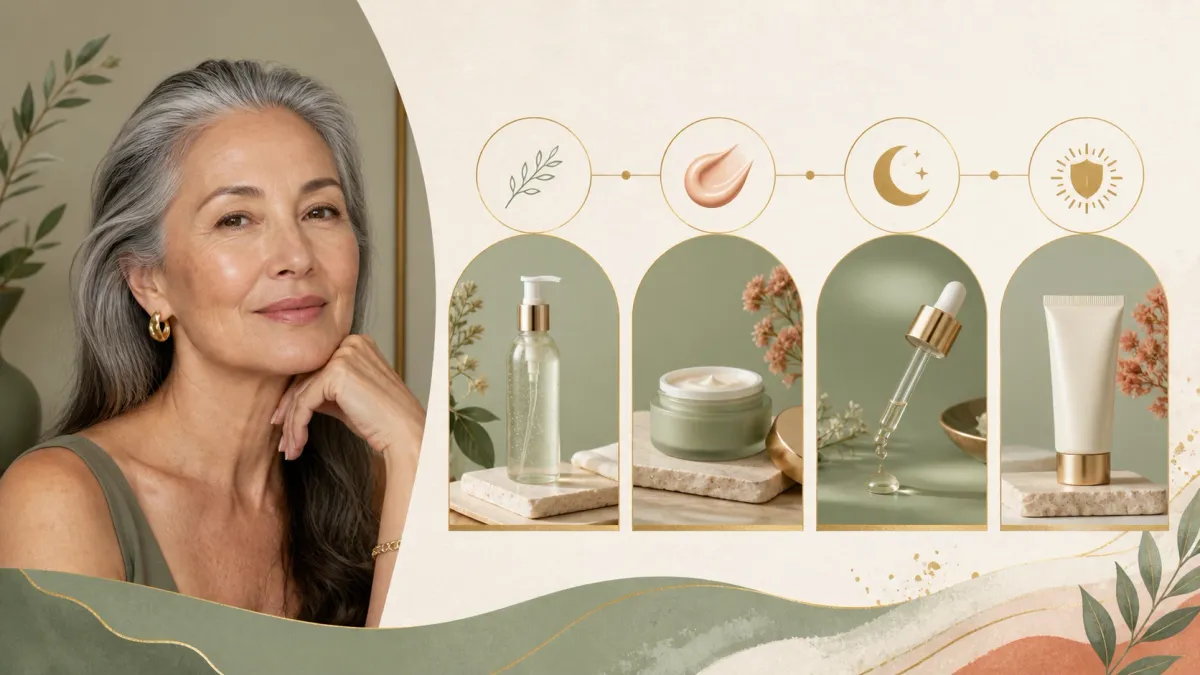 Menopausal skincare routine with cleanser cream night treatment and sunscreen