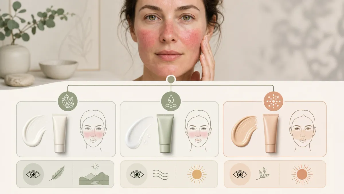 Rosacea sunscreen decision guide comparing mineral hybrid tint eye comfort and heat