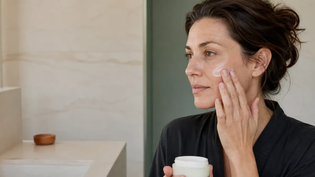 Woman applying an unbranded ceramide moisturizer to naturally dry skin