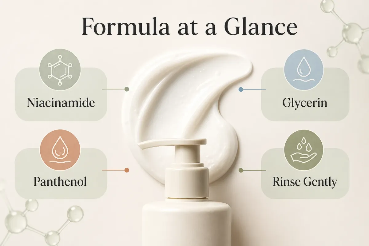 Cetaphil Gentle Skin Cleanser formula guide highlighting niacinamide, panthenol and glycerin