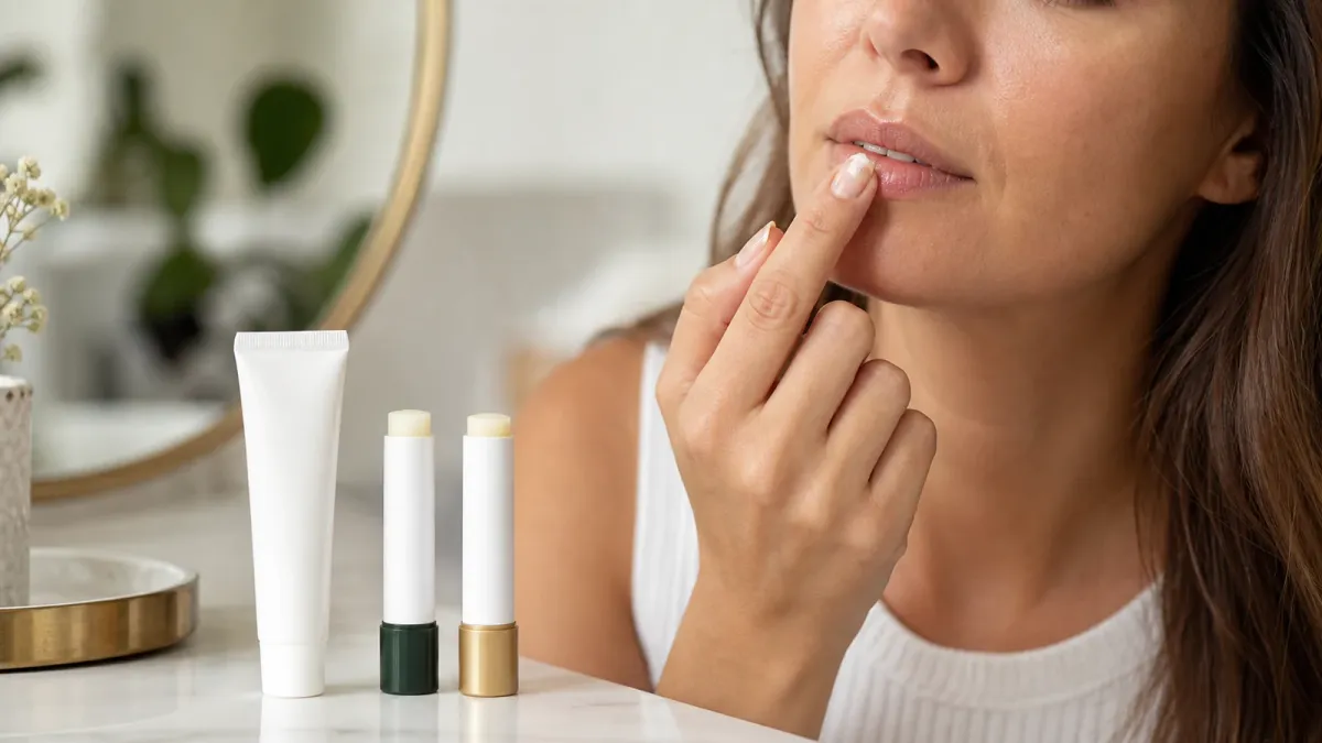 Fragrance-free lip ointment and SPF lip balm used in a simple chapped-lip repair routine