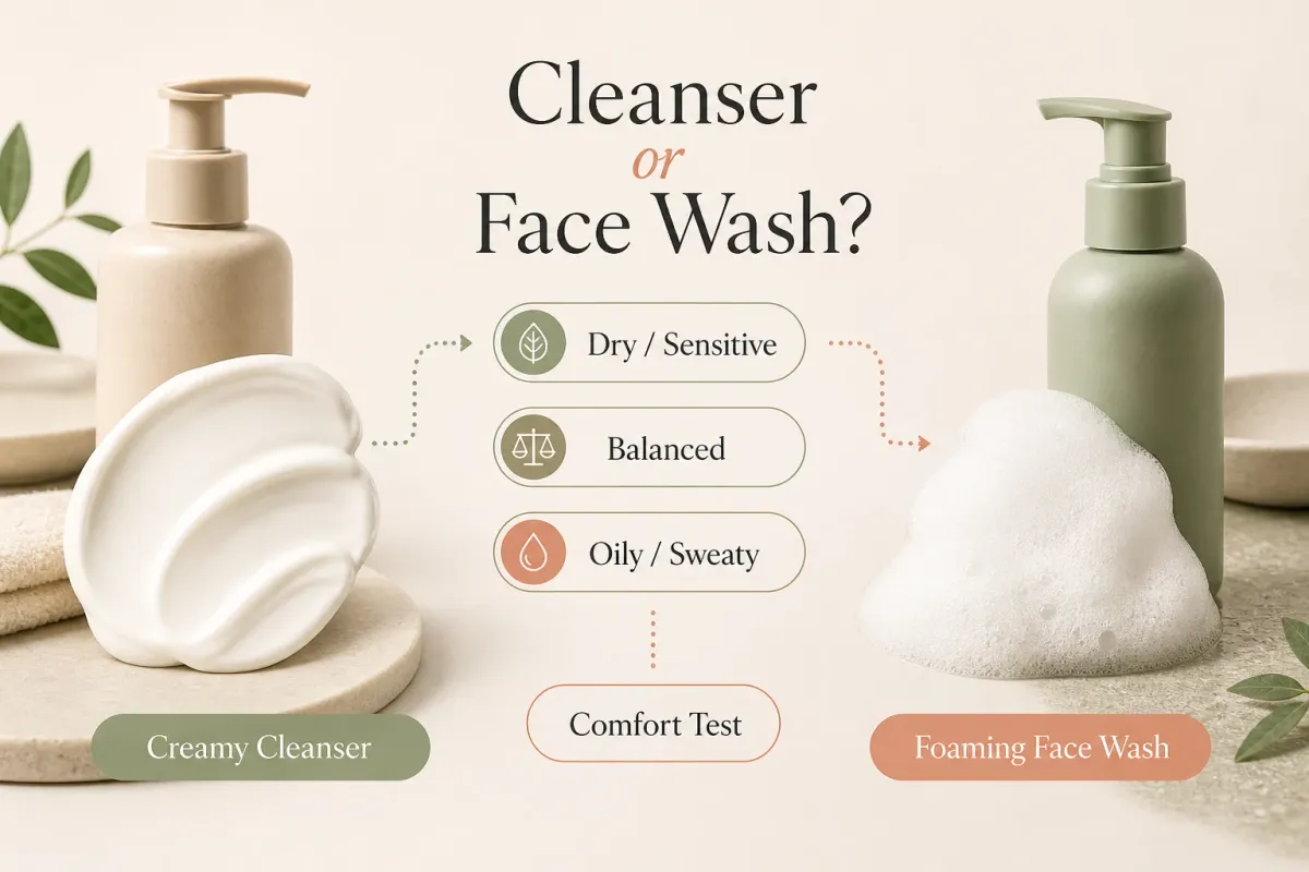 Cleanser versus face wash decision guide for dry, balanced and oily skin