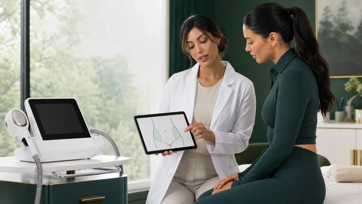 Medical professional mapping a localized abdominal fat bulge before prescription cryolipolysis