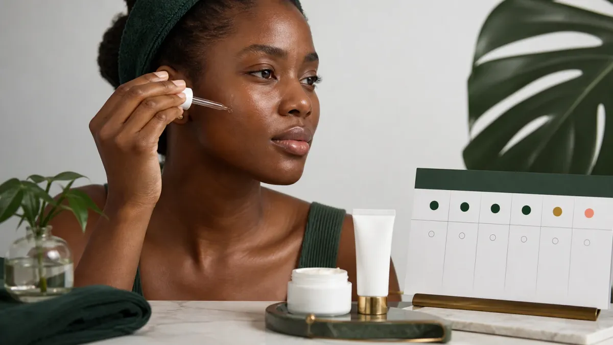 Woman with darker skin applying one gentle exfoliating treatment beside moisturizer and sunscreen