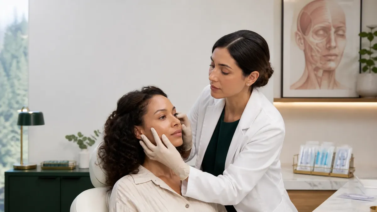 Qualified medical injector assessing facial volume loss before a conservative dermal filler treatment