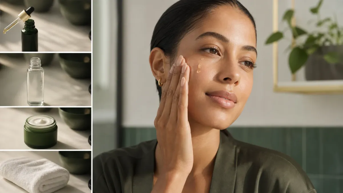Simple face oil layered after moisturizer in a clean nighttime skincare routine