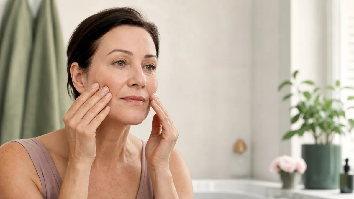 Mature woman gently demonstrating a cheek facial exercise with natural skin texture