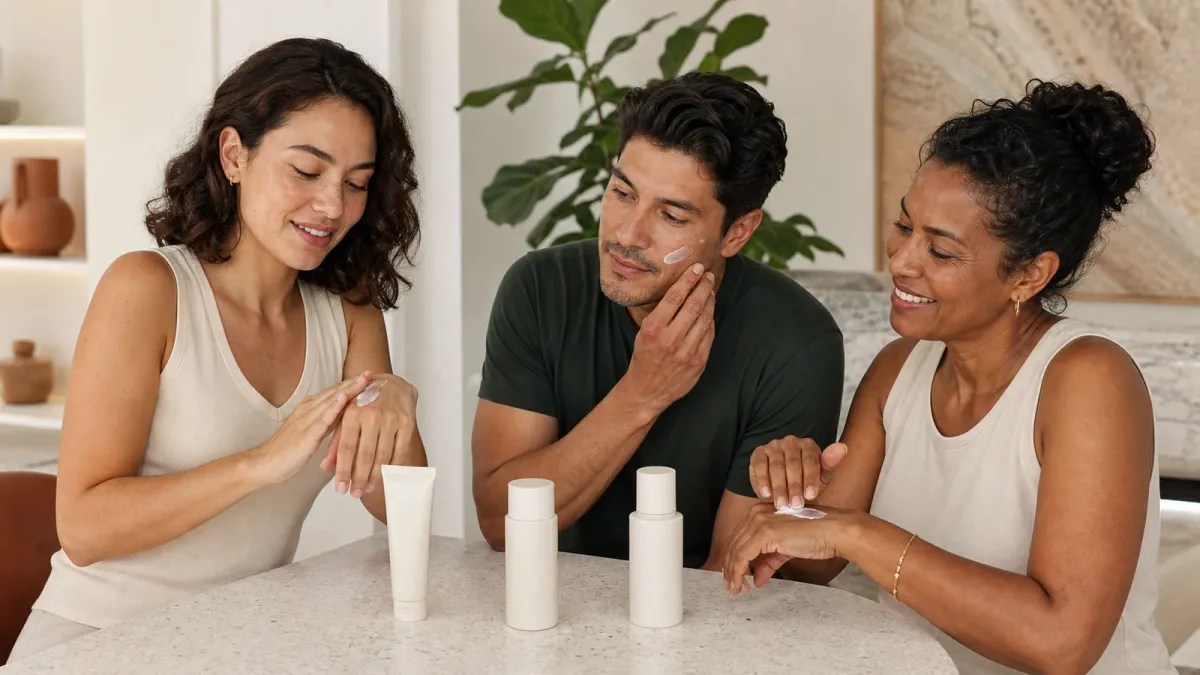 Latino adults with varied skin tones applying moisturizer and comparing skincare textures